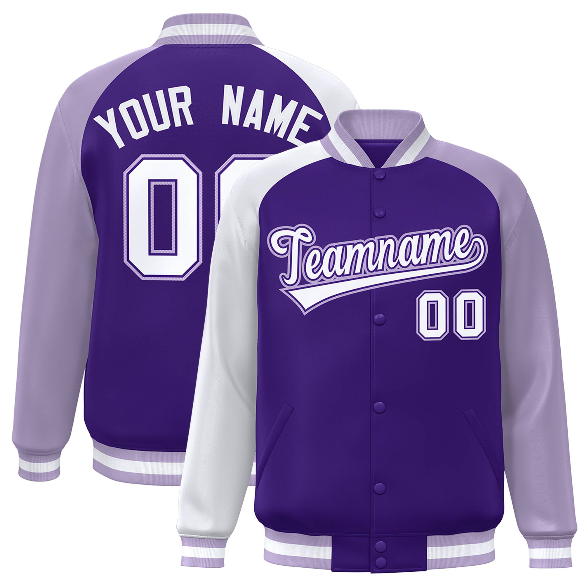 Custom Purple Light Purple-White Varsity Full-Snap Authentic Raglan Sleeves Letterman Bomber Jacket