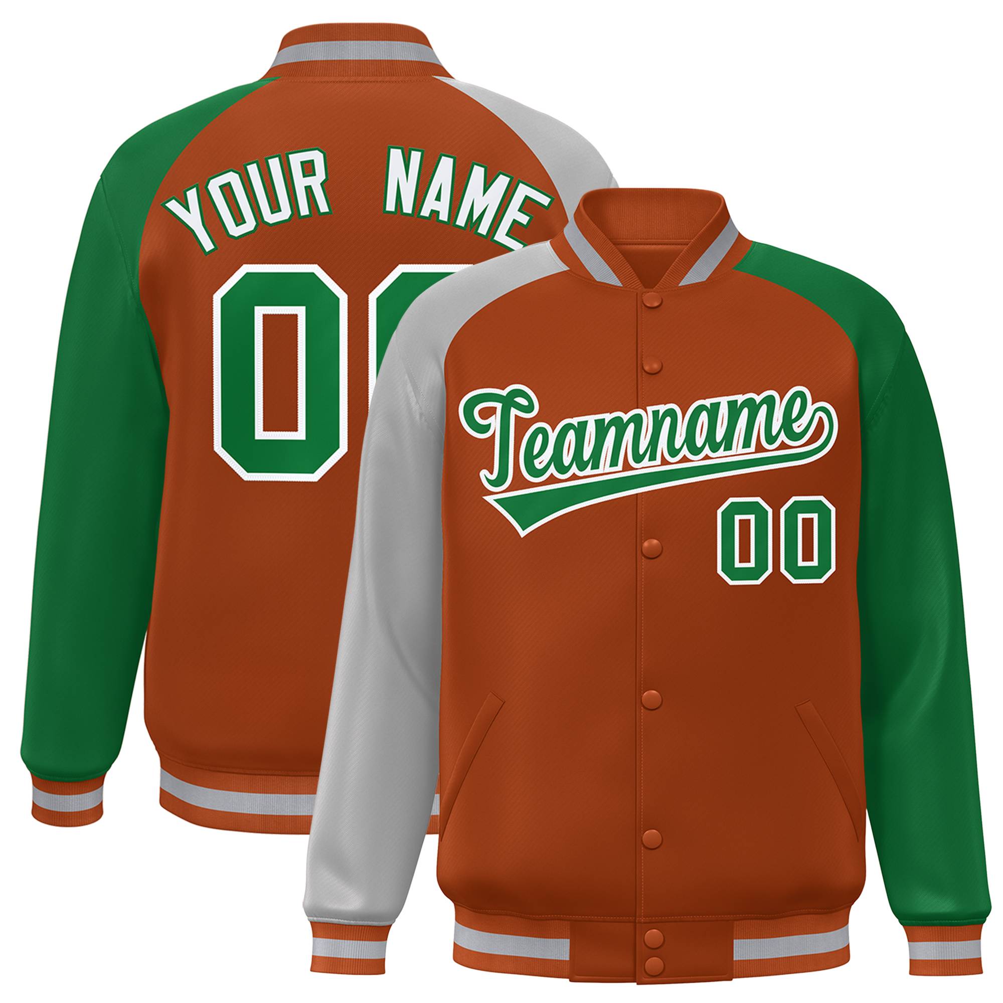 Custom Texas Orange Kelly Green-Gray Varsity Full-Snap Authentic Raglan Sleeves Letterman Bomber Jacket