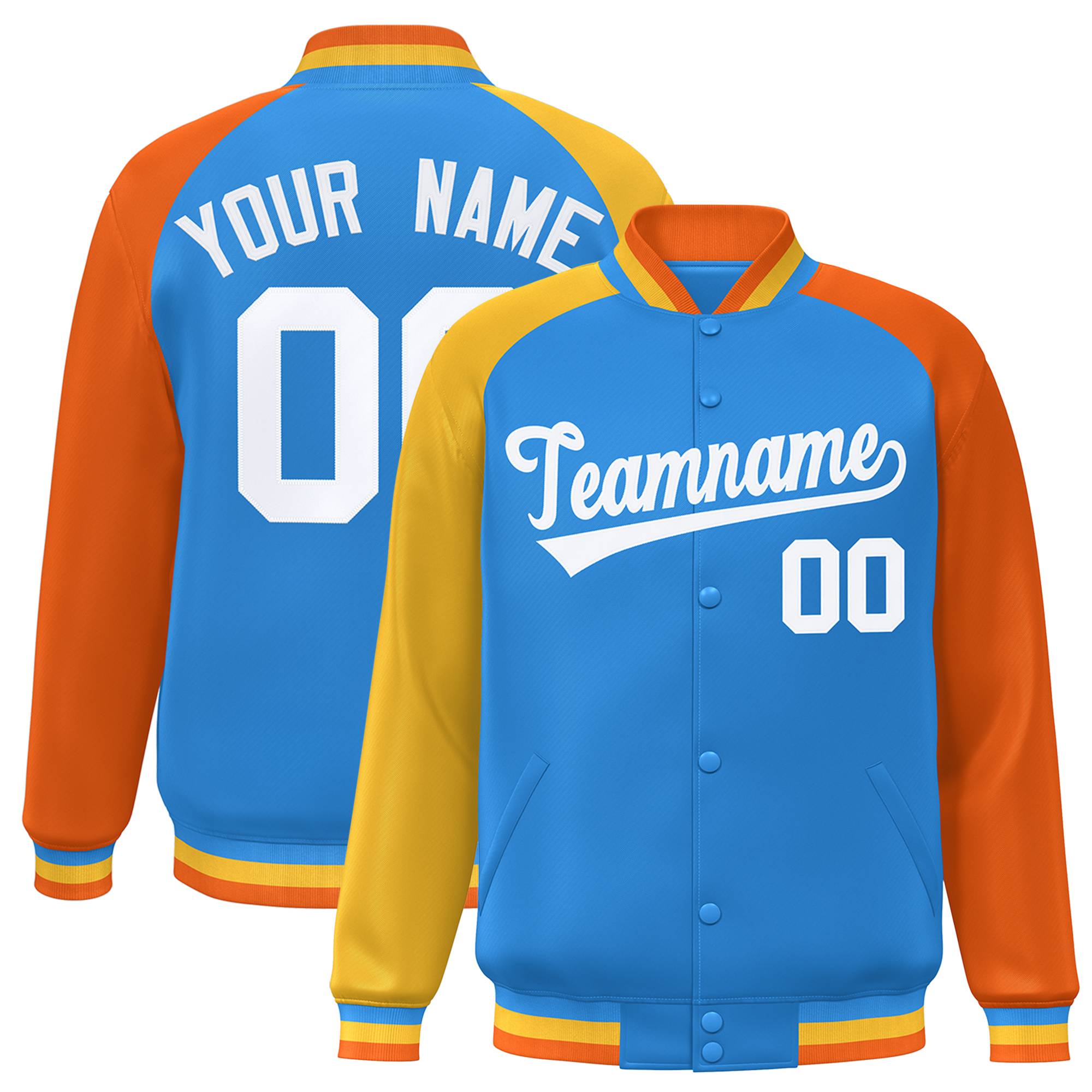 Custom Powder Blue Orange-Gold Varsity Full-Snap Authentic Raglan Sleeves Letterman Bomber Jacket