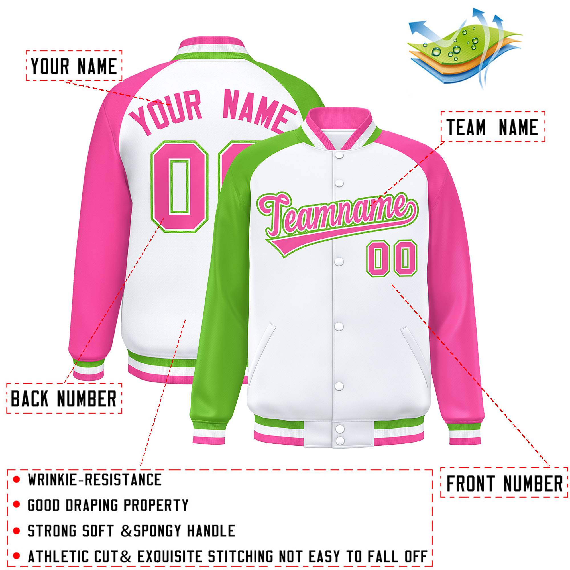 Custom White Pink-Green Varsity Full-Snap Authentic Raglan Sleeves Letterman Bomber Jacket