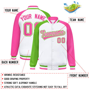 Custom White Pink-Green Varsity Full-Snap Authentic Raglan Sleeves Letterman Bomber Jacket