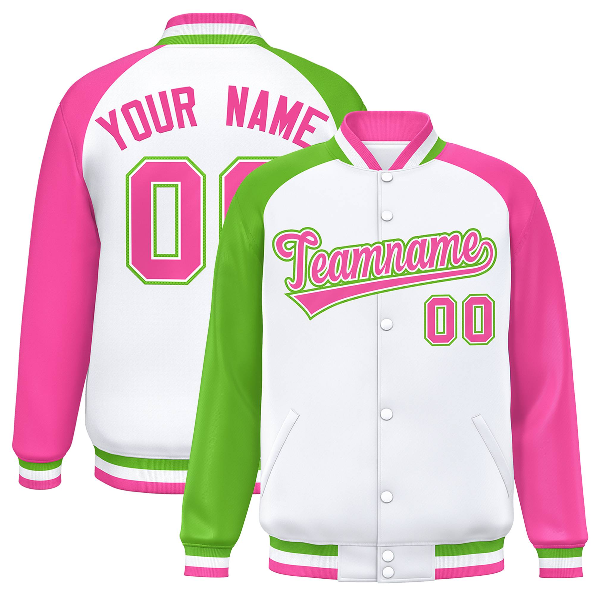 Custom White Pink-Green Varsity Full-Snap Authentic Raglan Sleeves Letterman Bomber Jacket