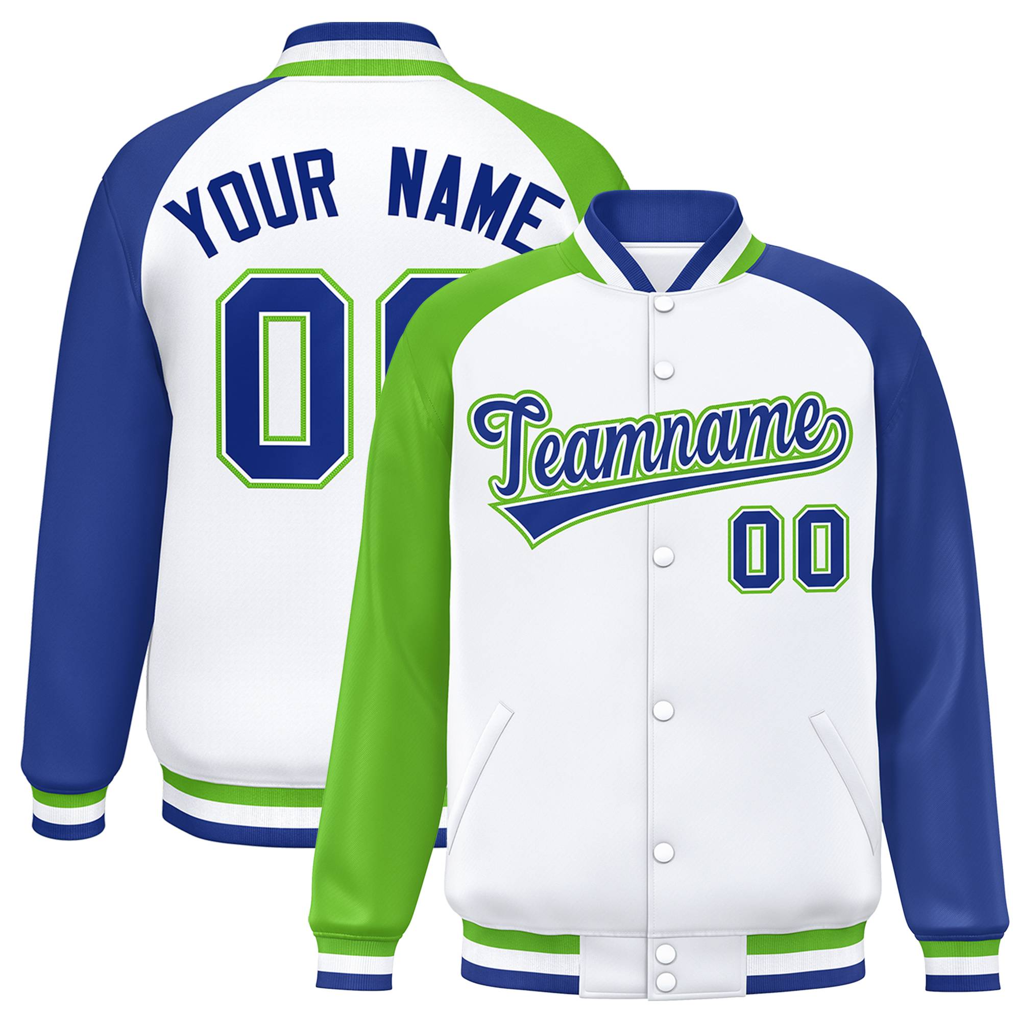 Custom White Royal-Green Varsity Full-Snap Authentic Raglan Sleeves Letterman Bomber Jacket