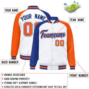 Custom White Orange-Royal Varsity Full-Snap Authentic Raglan Sleeves Letterman Bomber Jacket