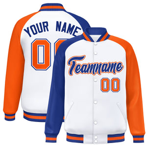 Custom White Orange-Royal Varsity Full-Snap Authentic Raglan Sleeves Letterman Bomber Jacket