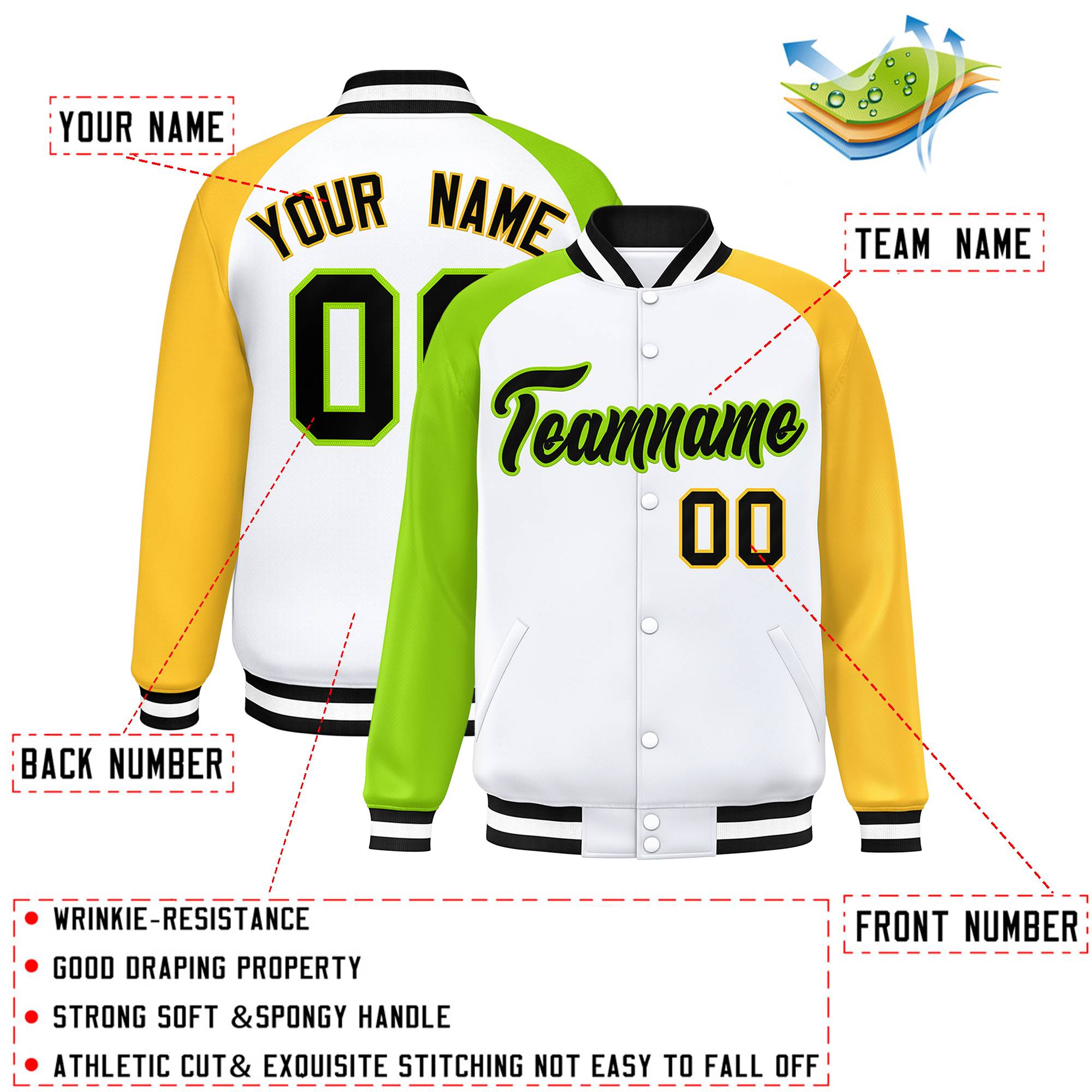 Custom White Gold-Neon Green Varsity Full-Snap Authentic Raglan Sleeves Letterman Bomber Jacket