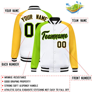 Custom White Gold-Neon Green Varsity Full-Snap Authentic Raglan Sleeves Letterman Bomber Jacket