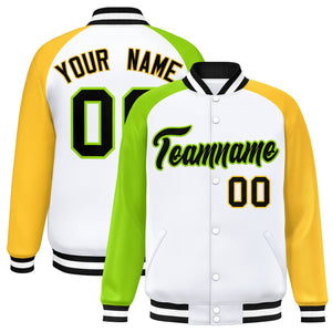 Custom White Gold-Neon Green Varsity Full-Snap Authentic Raglan Sleeves Letterman Bomber Jacket