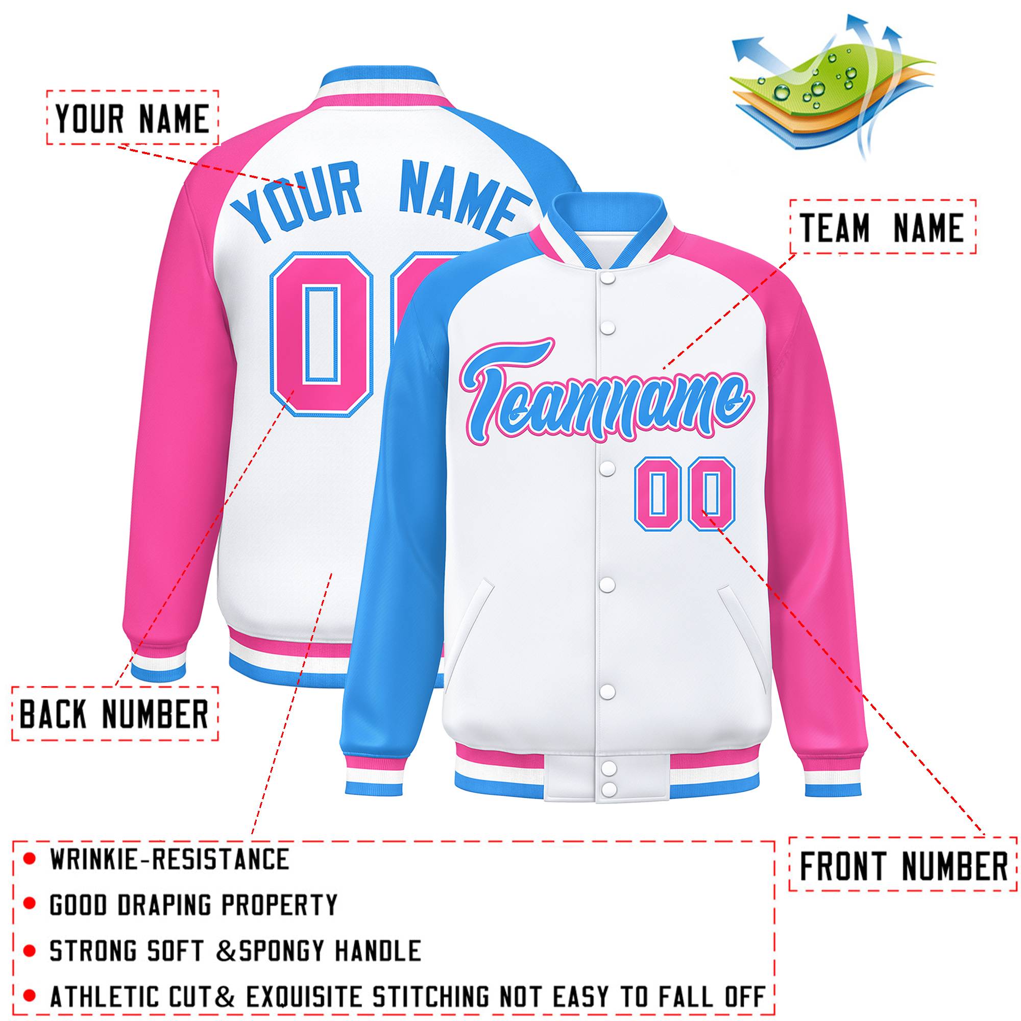 Custom White Pink-Powder Blue Varsity Full-Snap Authentic Raglan Sleeves Letterman Bomber Jacket