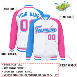 Custom White Pink-Powder Blue Varsity Full-Snap Authentic Raglan Sleeves Letterman Bomber Jacket