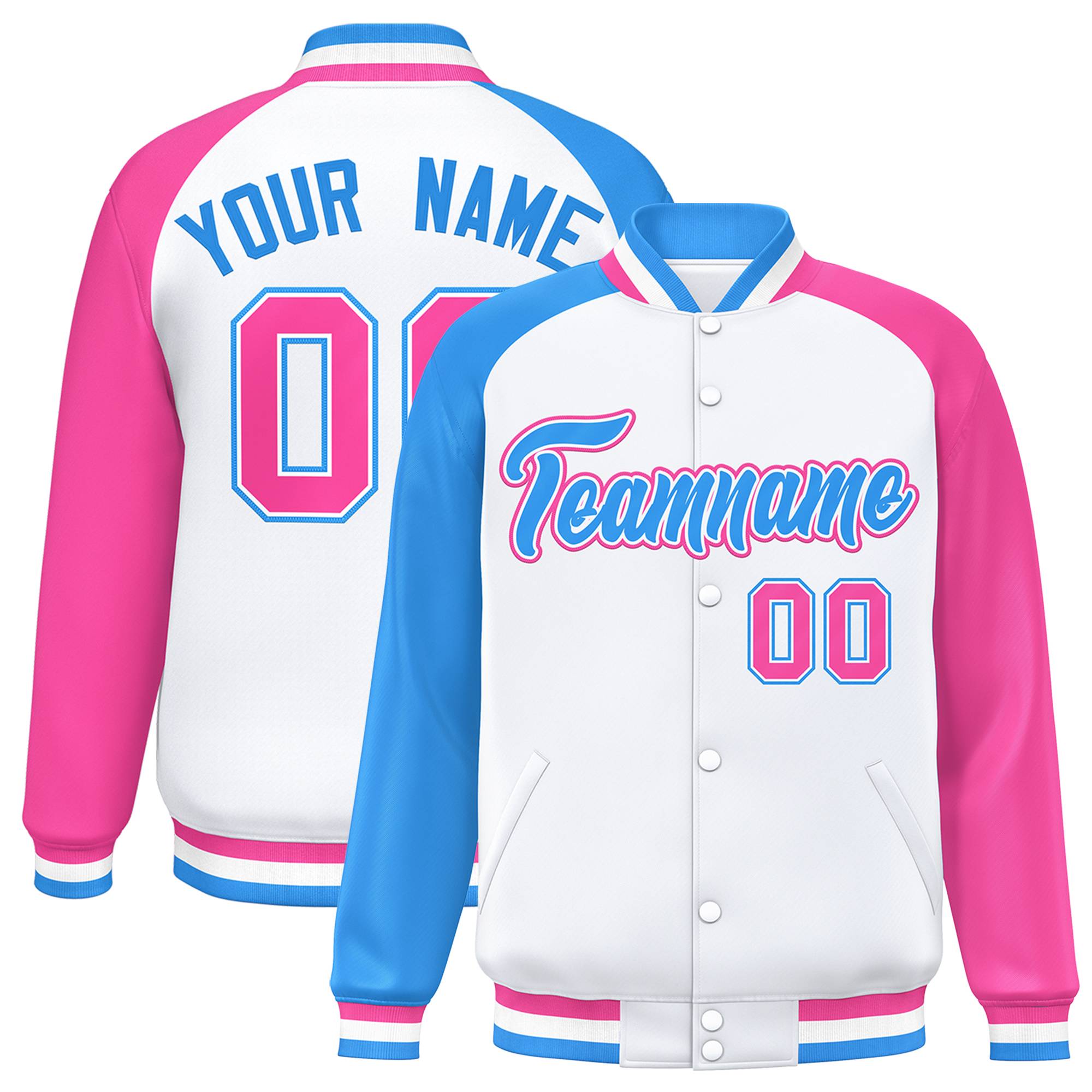 Custom White Pink-Powder Blue Varsity Full-Snap Authentic Raglan Sleeves Letterman Bomber Jacket