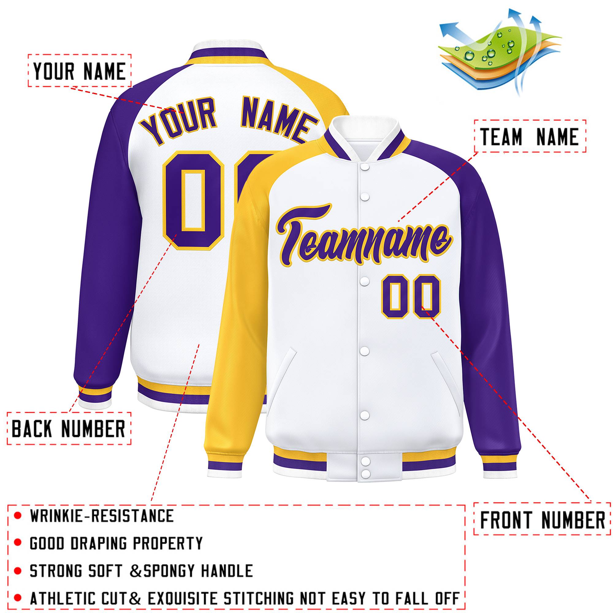 Custom White Purple-Gold Varsity Full-Snap Authentic Raglan Sleeves Letterman Bomber Jacket