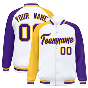 Custom White Purple-Gold Varsity Full-Snap Authentic Raglan Sleeves Letterman Bomber Jacket