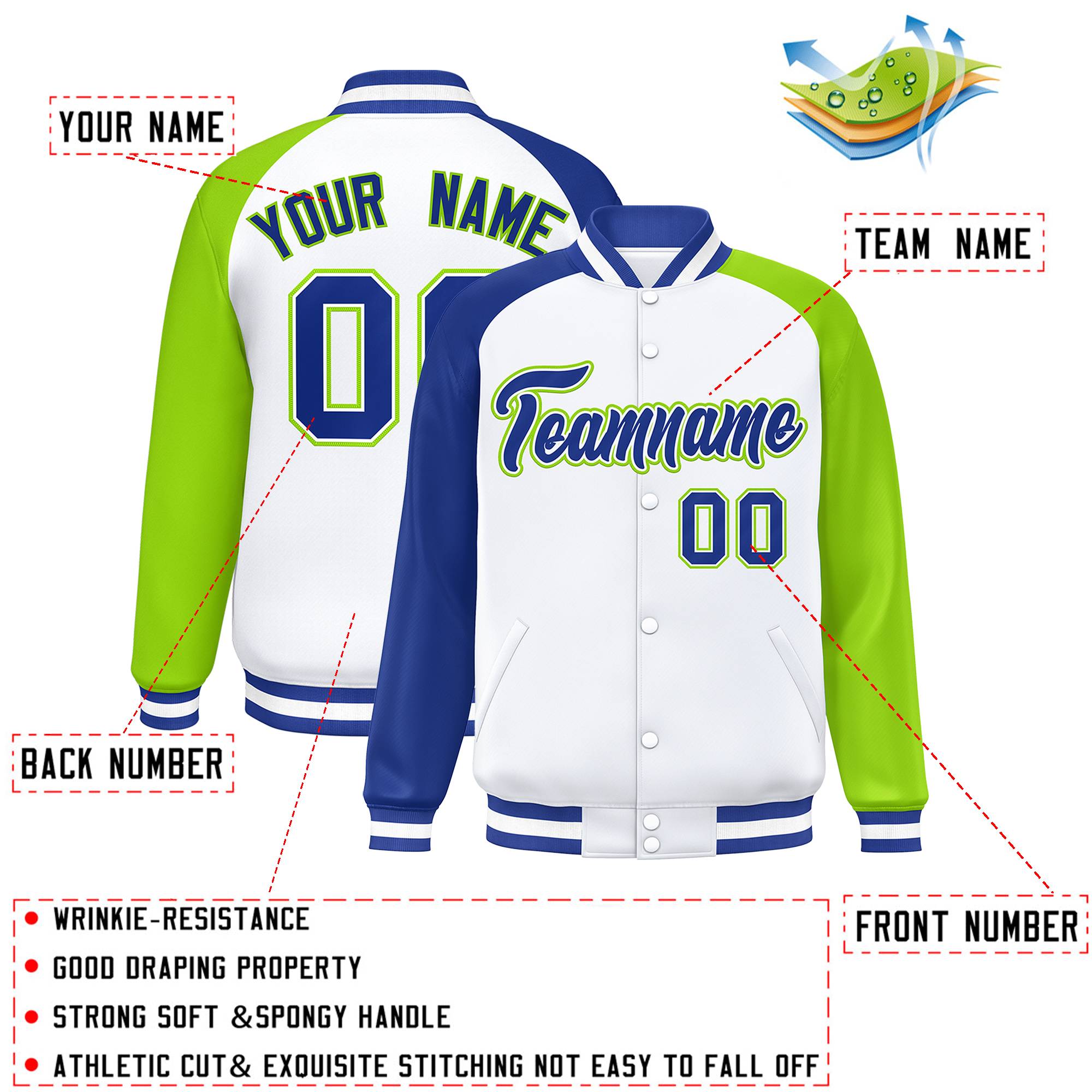 Custom White Neon Green-Royal Varsity Full-Snap Authentic Raglan Sleeves Letterman Bomber Jacket