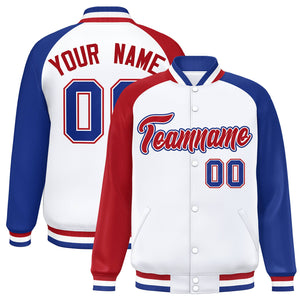 Custom White Royal-Red Varsity Full-Snap Authentic Raglan Sleeves Letterman Bomber Jacket