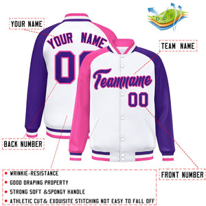 Custom White Purple-Pink Varsity Full-Snap Authentic Raglan Sleeves Letterman Bomber Jacket