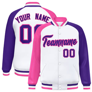 Custom White Purple-Pink Varsity Full-Snap Authentic Raglan Sleeves Letterman Bomber Jacket