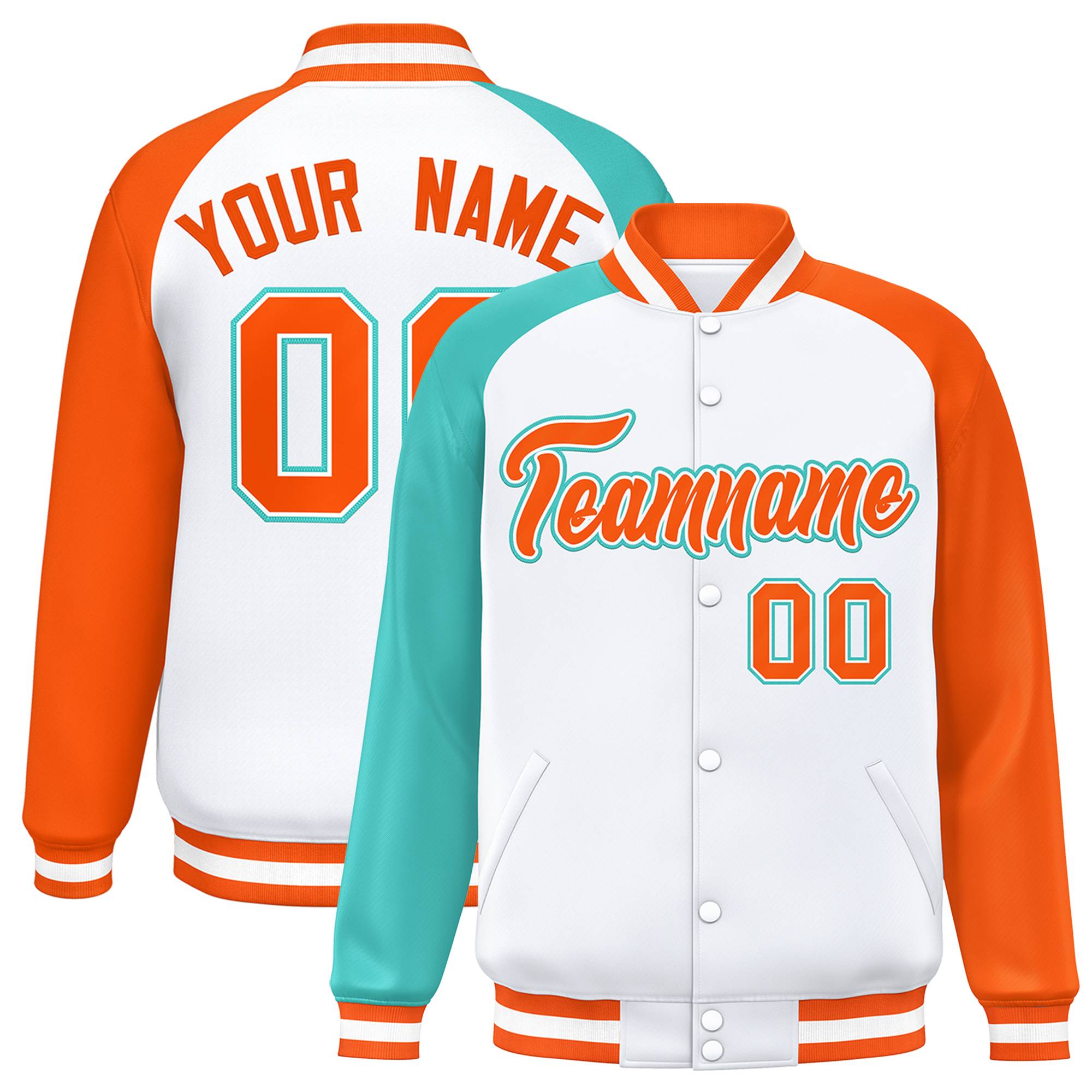 Custom White Orange-Bright Green Varsity Full-Snap Authentic Raglan Sleeves Letterman Bomber Jacket