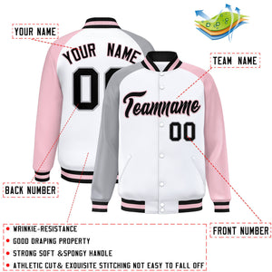 Custom White Light Pink-Gray Varsity Full-Snap Authentic Raglan Sleeves Letterman Bomber Jacket