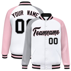 Custom White Light Pink-Gray Varsity Full-Snap Authentic Raglan Sleeves Letterman Bomber Jacket