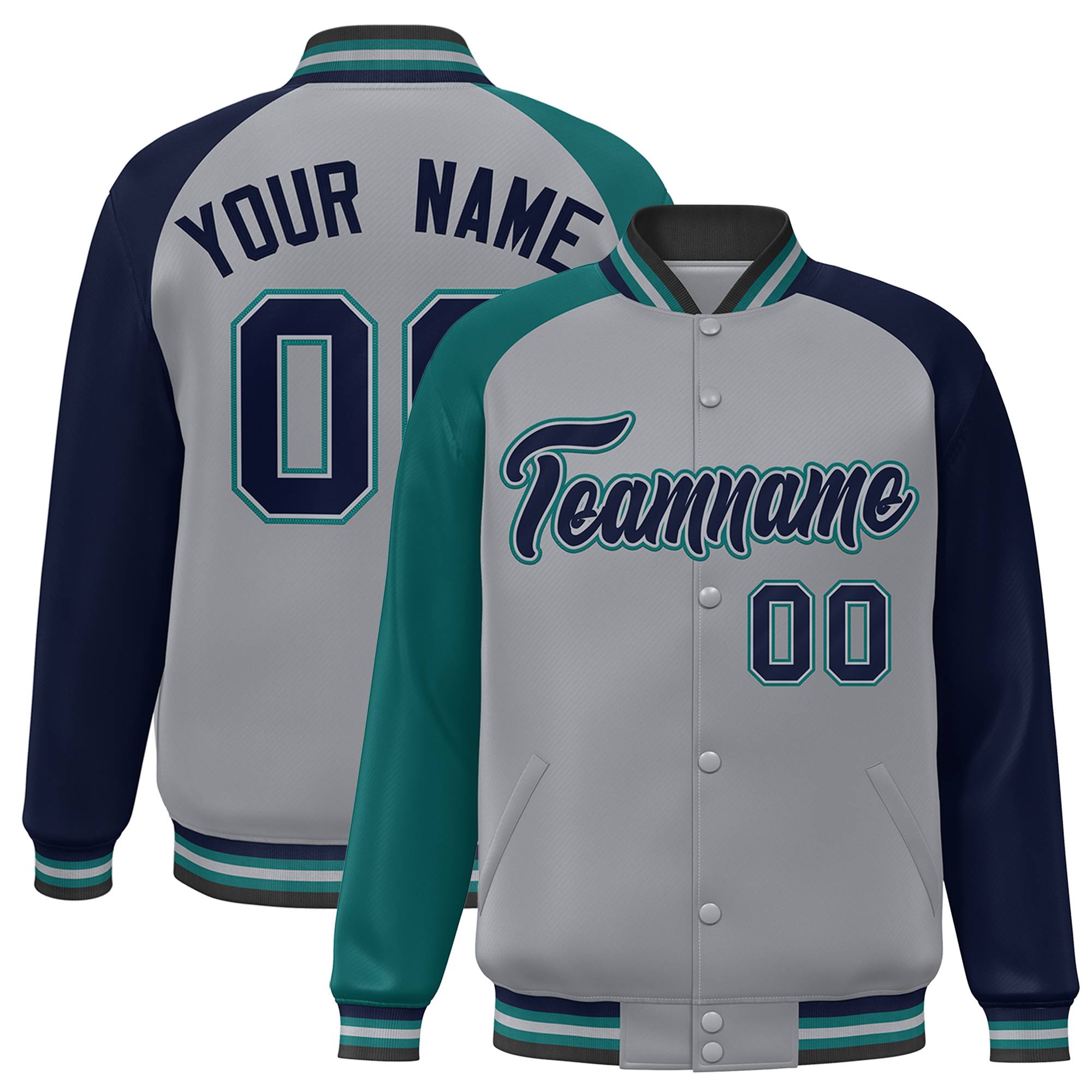 Custom Gray Navy-Aqua Varsity Full-Snap Authentic Raglan Sleeves Letterman Bomber Jacket