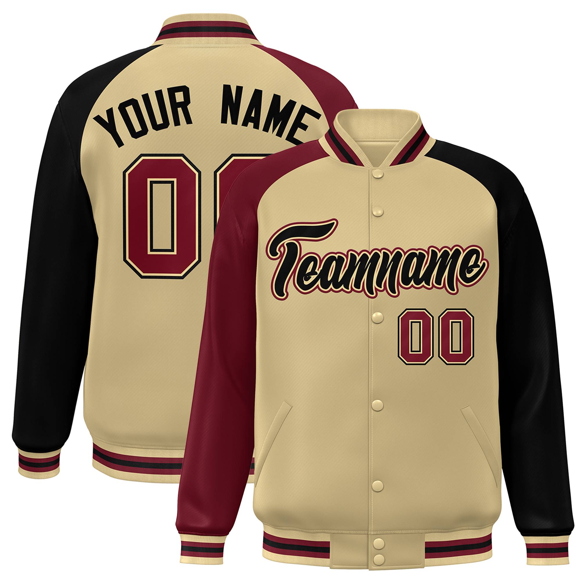 Custom Khaki Black-Crimson Varsity Full-Snap Authentic Raglan Sleeves Letterman Bomber Jacket