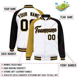 Custom White Black-Gold Varsity Full-Snap Authentic Raglan Sleeves Letterman Bomber Jacket