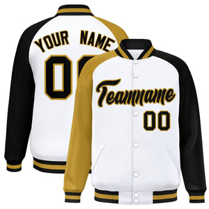 Custom White Black-Gold Varsity Full-Snap Authentic Raglan Sleeves Letterman Bomber Jacket