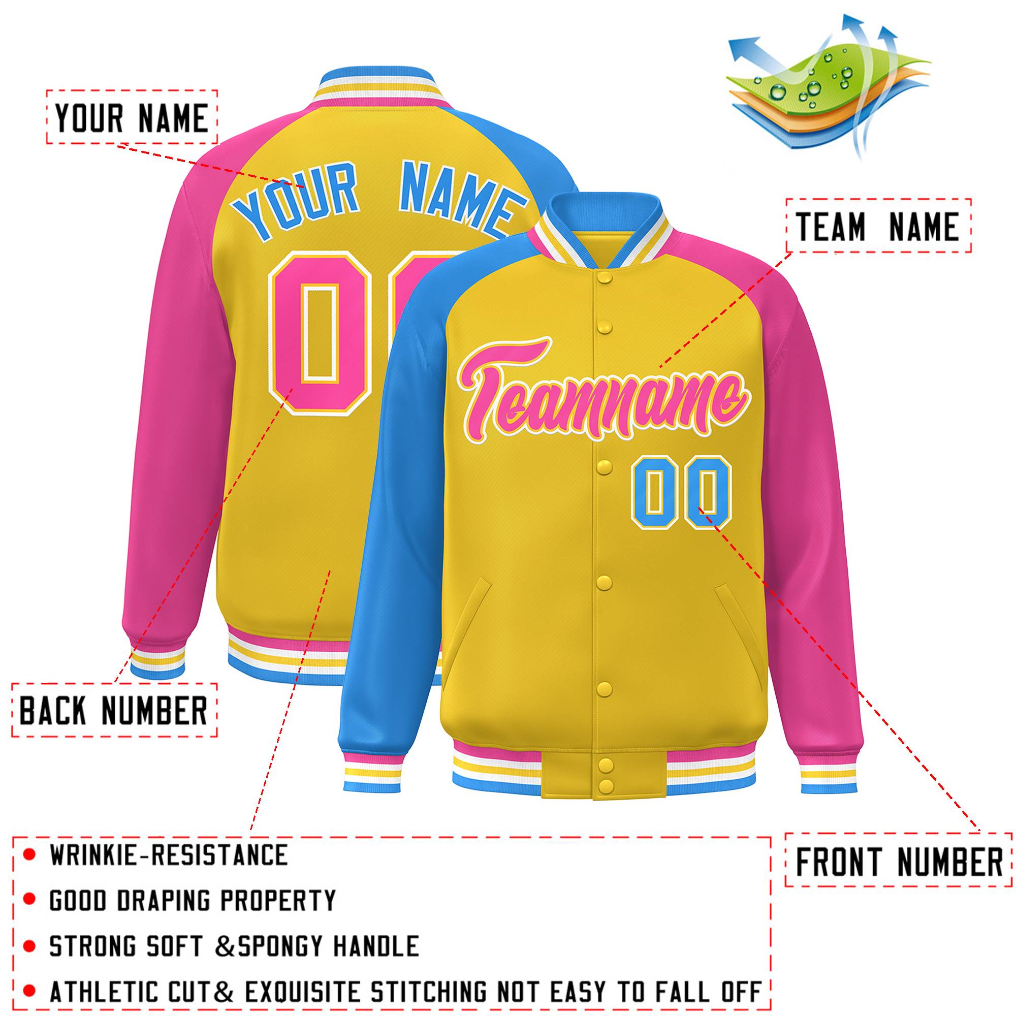 Custom Gold Pink-Powder Blue Varsity Full-Snap Authentic Raglan Sleeves Letterman Bomber Jacket