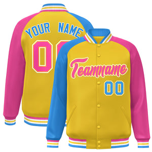 Custom Gold Pink-Powder Blue Varsity Full-Snap Authentic Raglan Sleeves Letterman Bomber Jacket