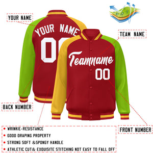 Custom Red Neon Green-Gold Varsity Full-Snap Authentic Raglan Sleeves Letterman Bomber Jacket