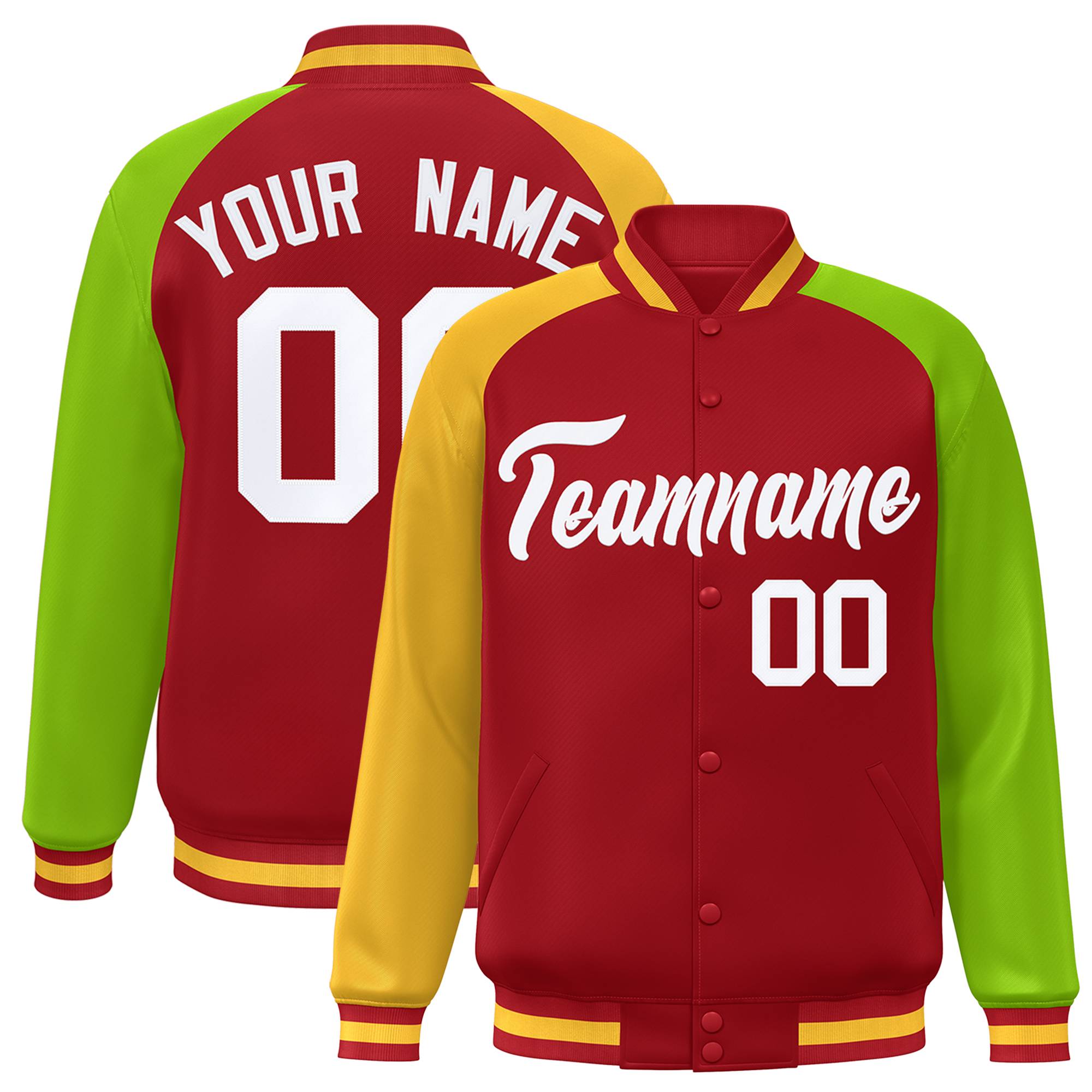 Custom Red Neon Green-Gold Varsity Full-Snap Authentic Raglan Sleeves Letterman Bomber Jacket