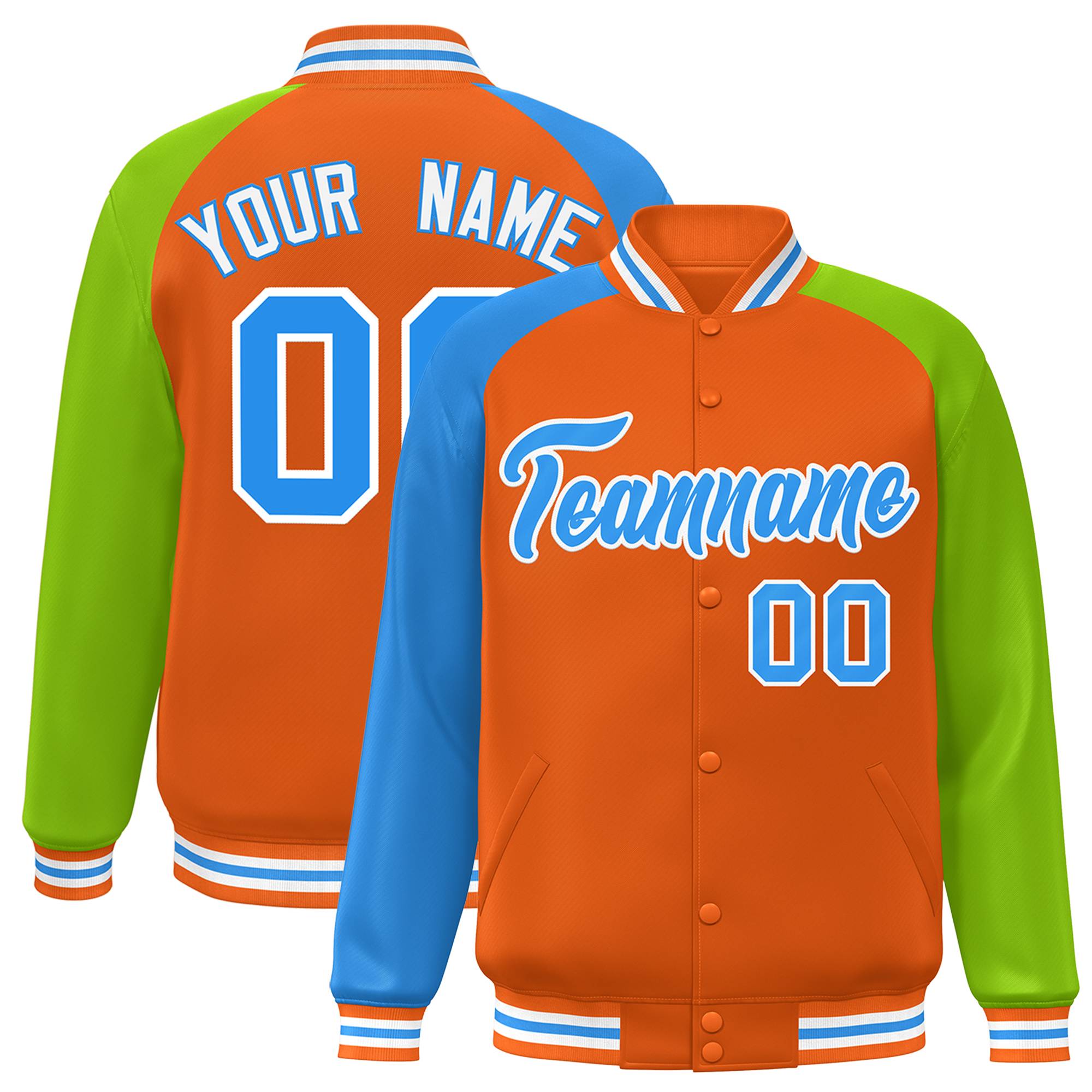 Custom Orange Neon Green-Powder Blue Varsity Full-Snap Authentic Raglan Sleeves Letterman Bomber Jacket