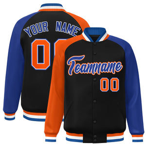 Custom Black Royal-Orange Varsity Full-Snap Authentic Raglan Sleeves Letterman Bomber Jacket