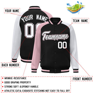 Custom Black White-Light Pink Varsity Full-Snap Authentic Raglan Sleeves Letterman Bomber Jacket