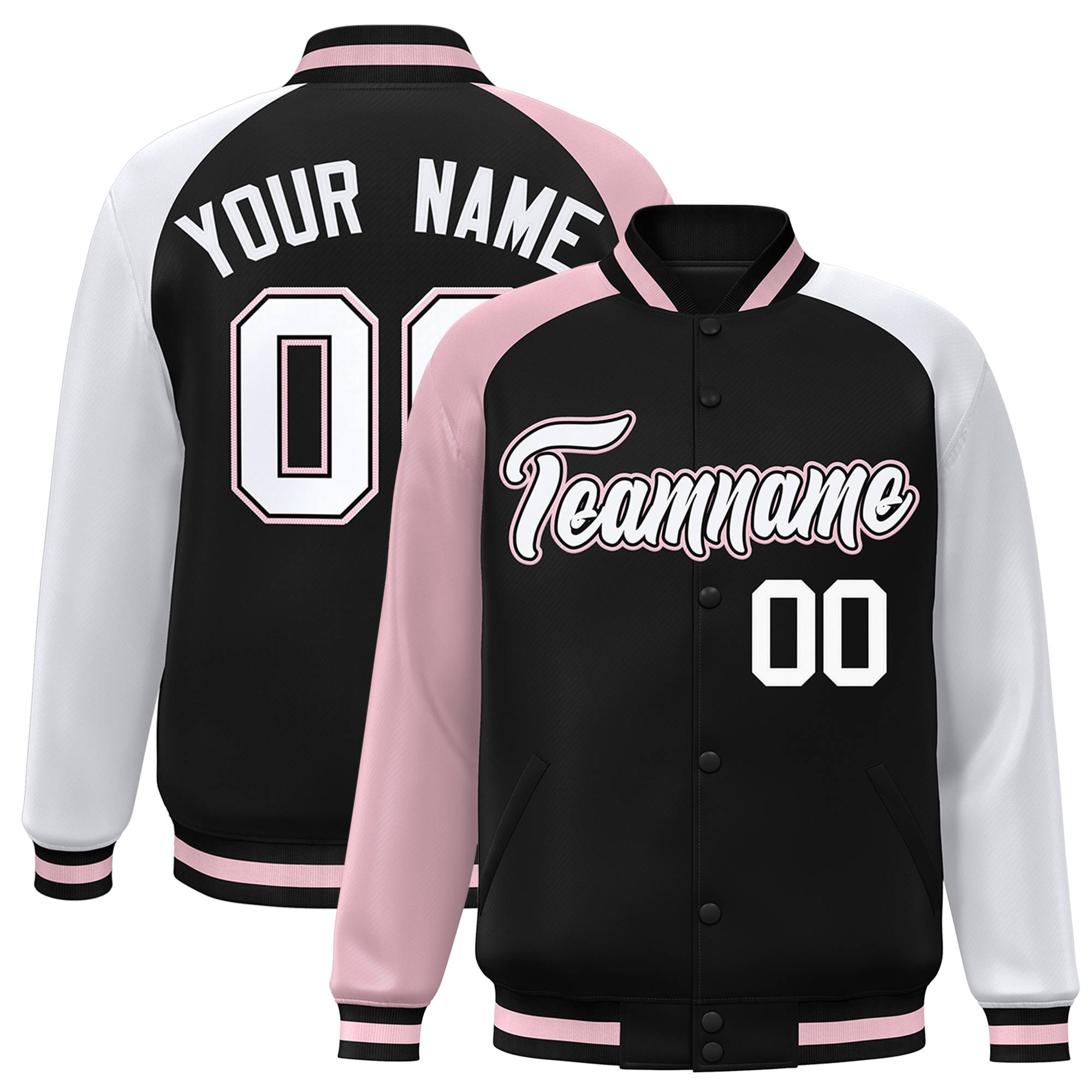 Custom Black White-Light Pink Varsity Full-Snap Authentic Raglan Sleeves Letterman Bomber Jacket