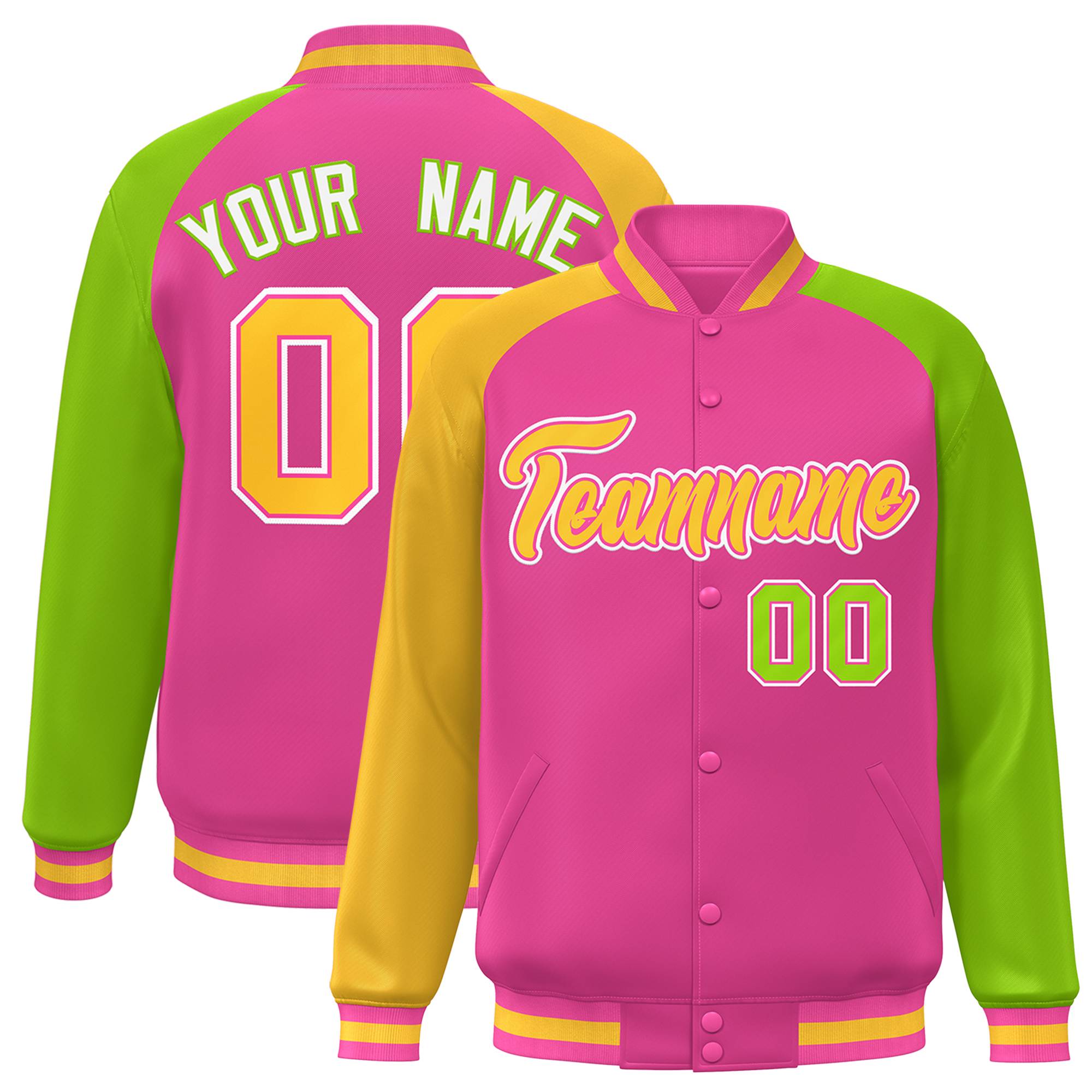 Custom Orange Neon Green-Gold Varsity Full-Snap Authentic Raglan Sleeves Letterman Bomber Jacket