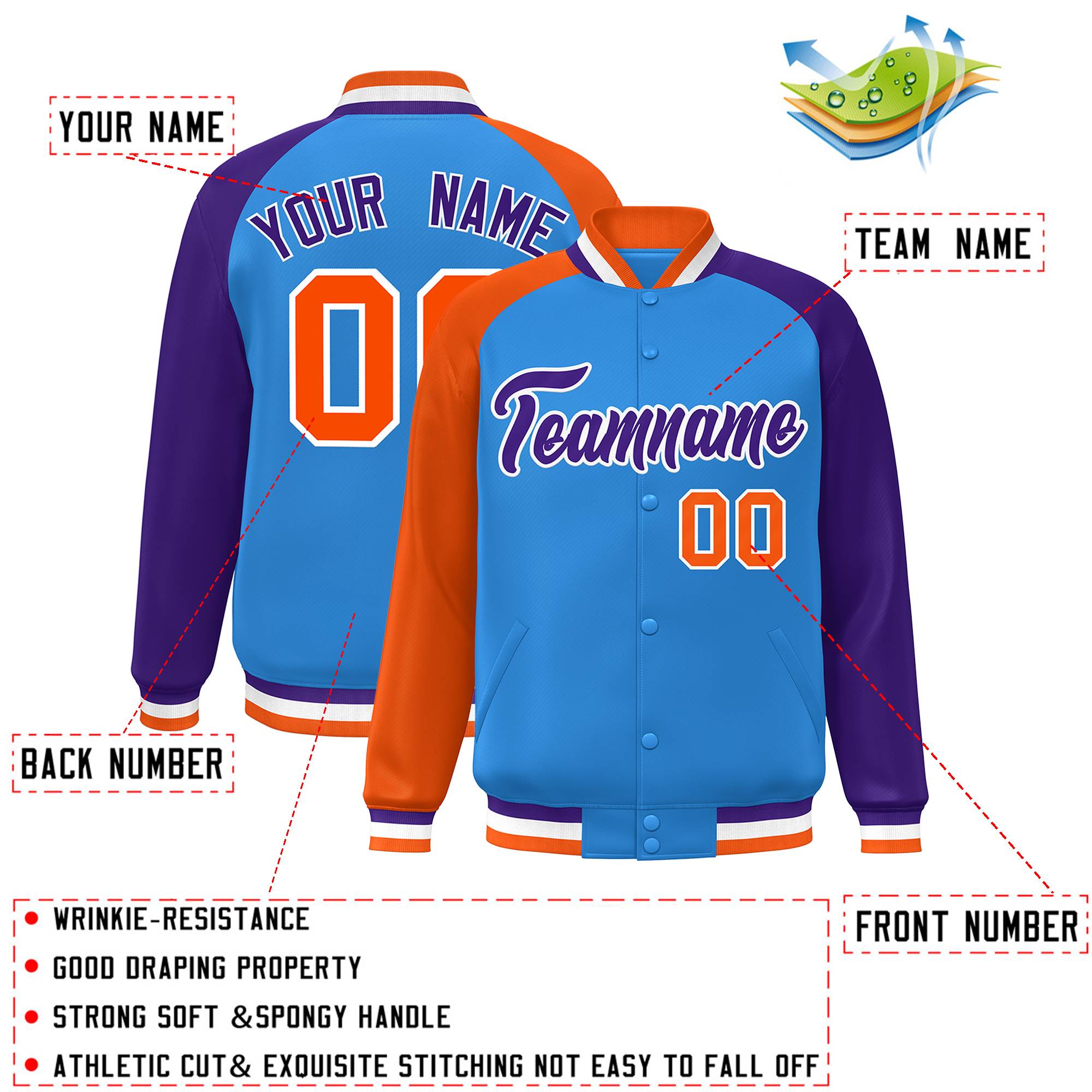 Custom Powder Blue Purple-Orange Varsity Full-Snap Authentic Raglan Sleeves Letterman Bomber Jacket