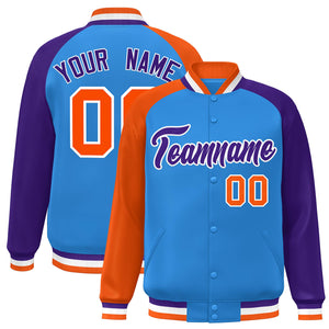 Custom Powder Blue Purple-Orange Varsity Full-Snap Authentic Raglan Sleeves Letterman Bomber Jacket