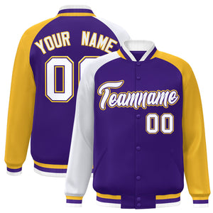 Custom Purple Gold-White Varsity Full-Snap Authentic Raglan Sleeves Letterman Bomber Jacket