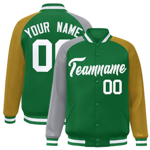 Custom Kelly Green Gold-Gray Varsity Full-Snap Authentic Raglan Sleeves Letterman Bomber Jacket