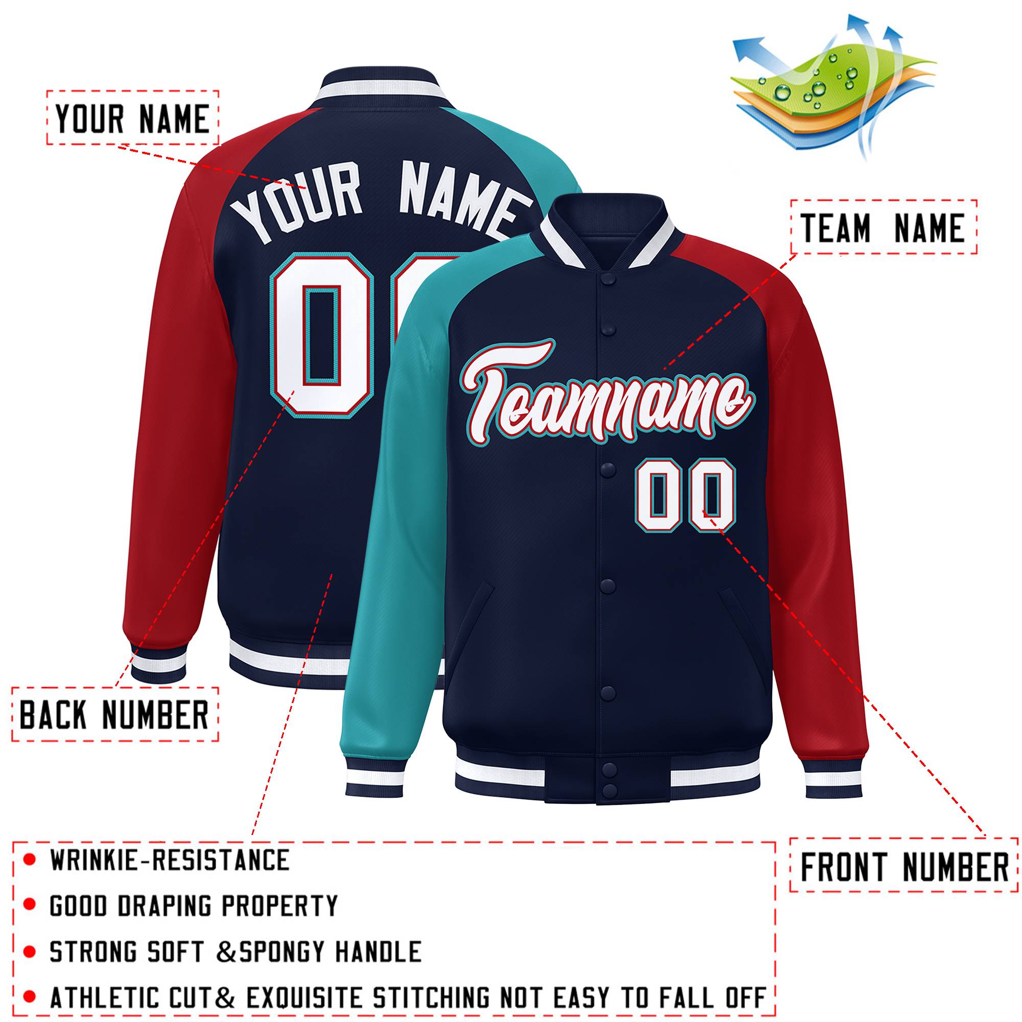 Custom Navy Red-Aqua Varsity Full-Snap Authentic Raglan Sleeves Letterman Bomber Jacket