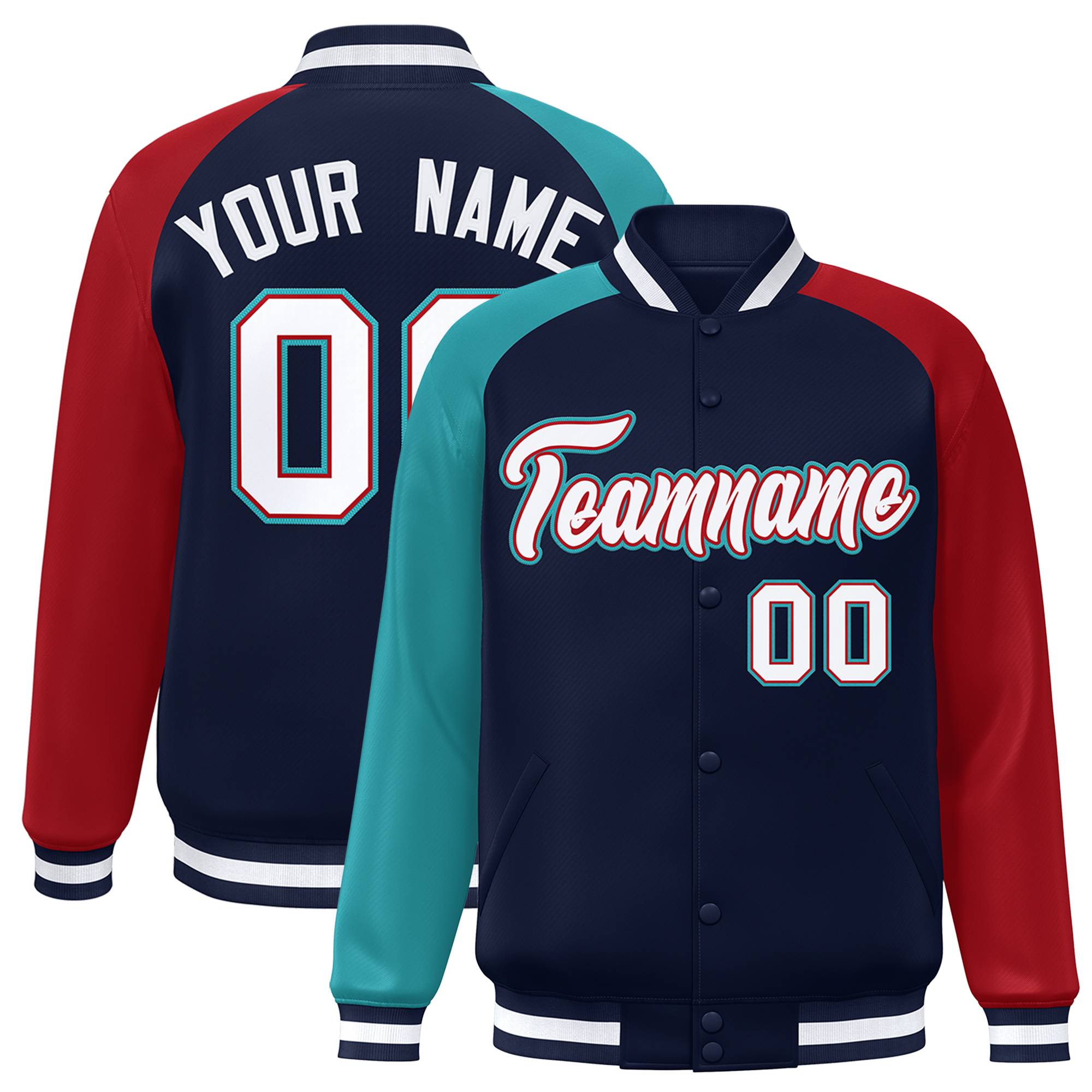 Custom Navy Red-Aqua Varsity Full-Snap Authentic Raglan Sleeves Letterman Bomber Jacket