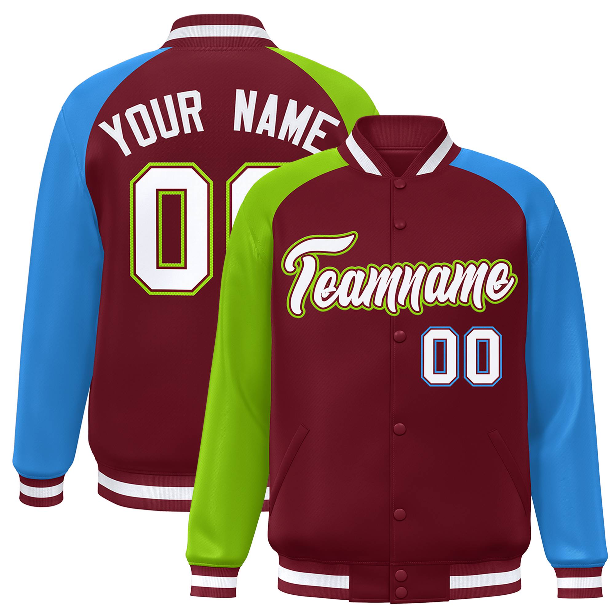 Custom Crimson Powder Blue-Neon Green Varsity Full-Snap Authentic Raglan Sleeves Letterman Bomber Jacket