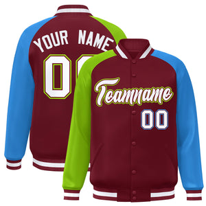 Custom Crimson Powder Blue-Neon Green Varsity Full-Snap Authentic Raglan Sleeves Letterman Bomber Jacket