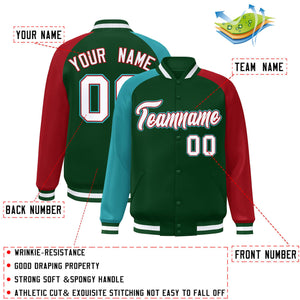 Custom Green Red-Aqua Varsity Full-Snap Authentic Raglan Sleeves Letterman Bomber Jacket