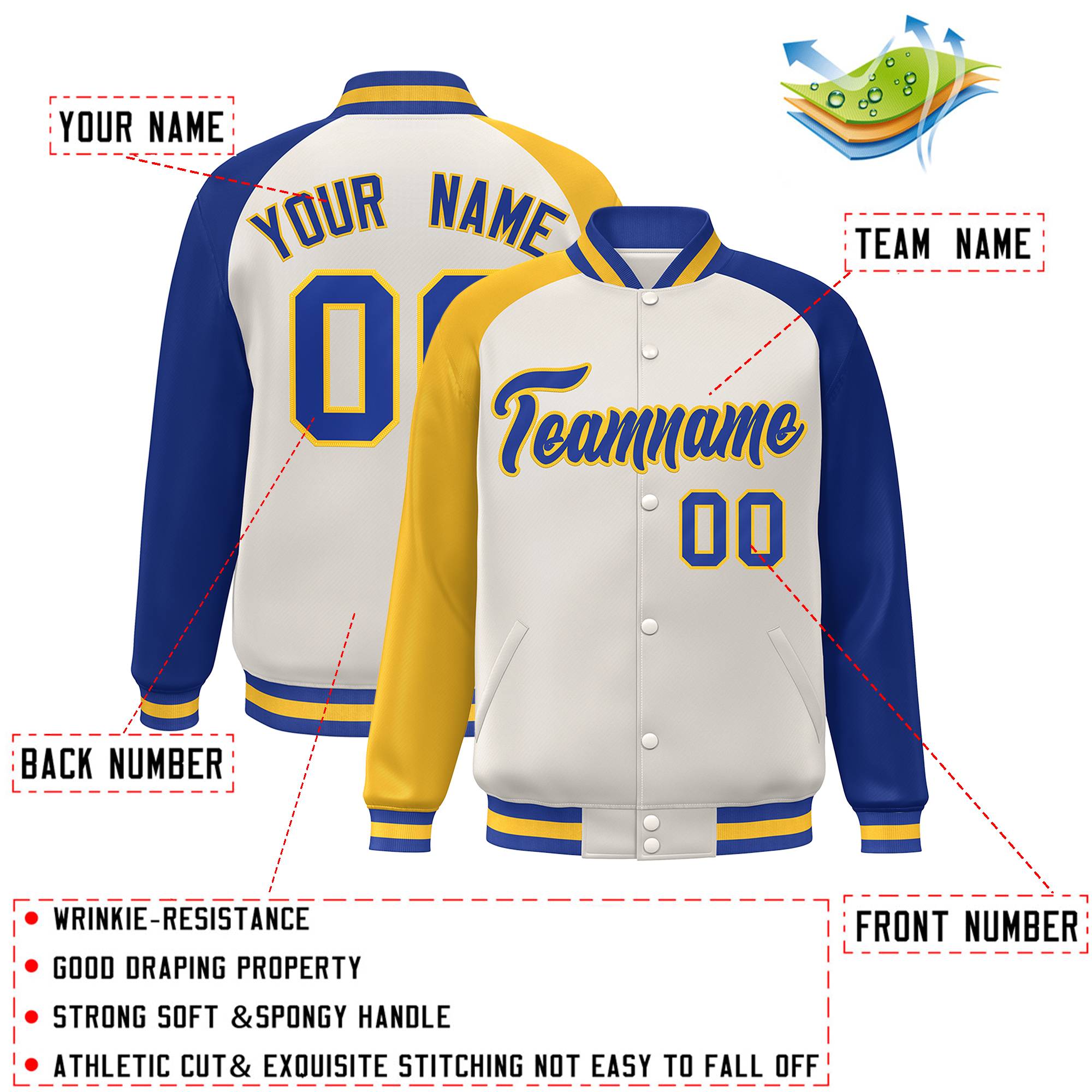 Custom Cream Royal-Gold Varsity Full-Snap Authentic Raglan Sleeves Letterman Bomber Jacket