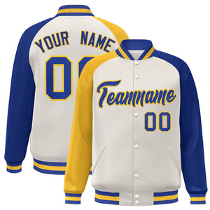 Custom Cream Royal-Gold Varsity Full-Snap Authentic Raglan Sleeves Letterman Bomber Jacket