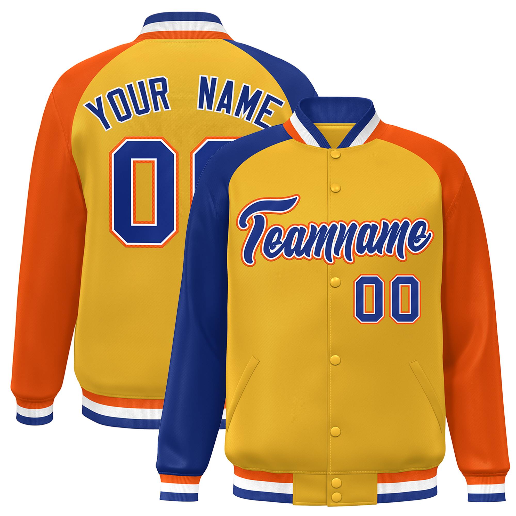 Custom Gold Orange-Royal Varsity Full-Snap Authentic Raglan Sleeves Letterman Bomber Jacket