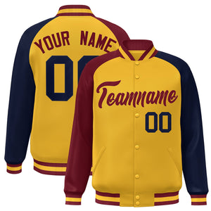 Custom Gold Navy-Crimson Varsity Full-Snap Authentic Raglan Sleeves Letterman Bomber Jacket